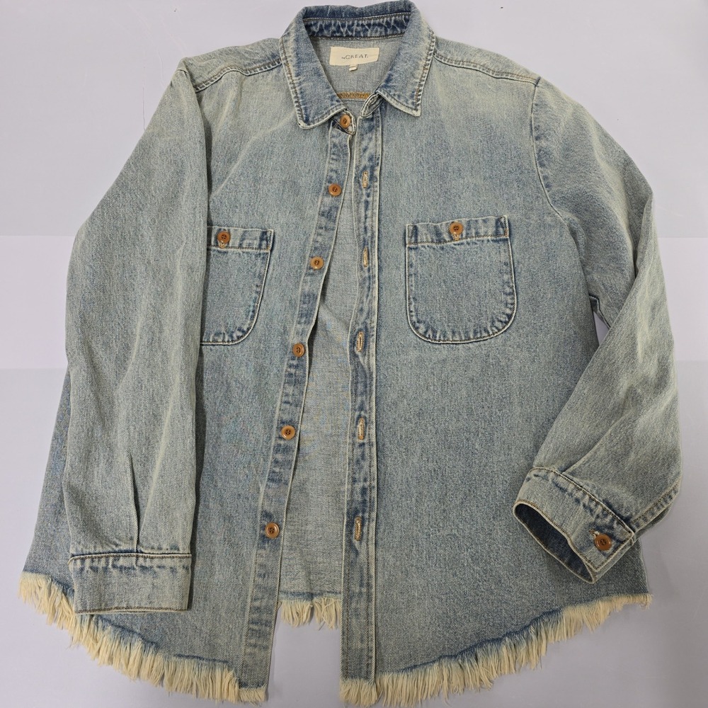 The Great Light Wash Denim‎ Fringe Hem Button Down Shirt Jacket Womens Size 2 M